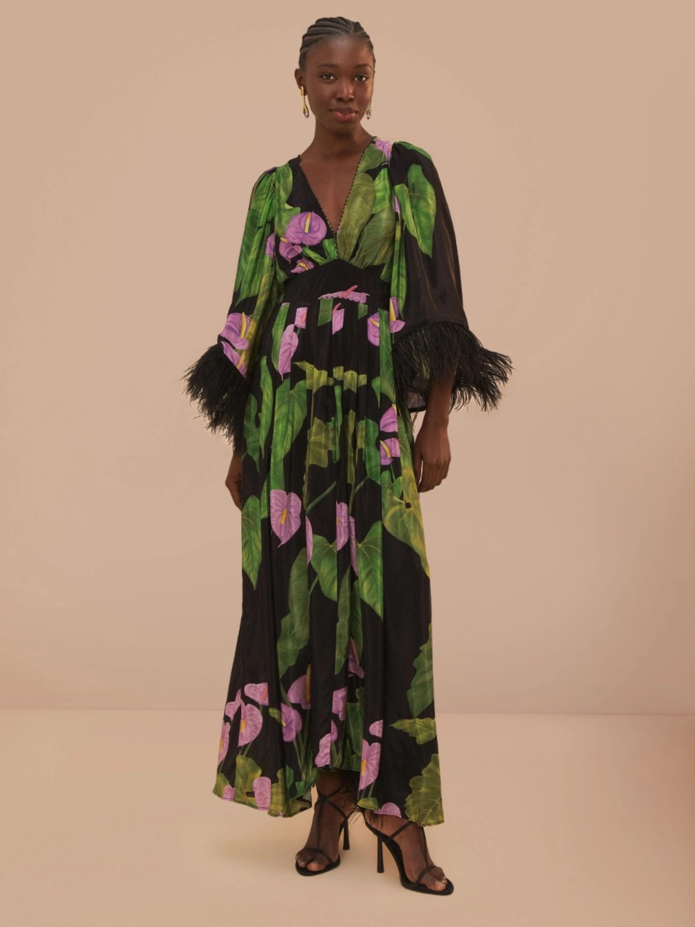 Black Anthurium Kaftan with Feather Detail from Farm Rio